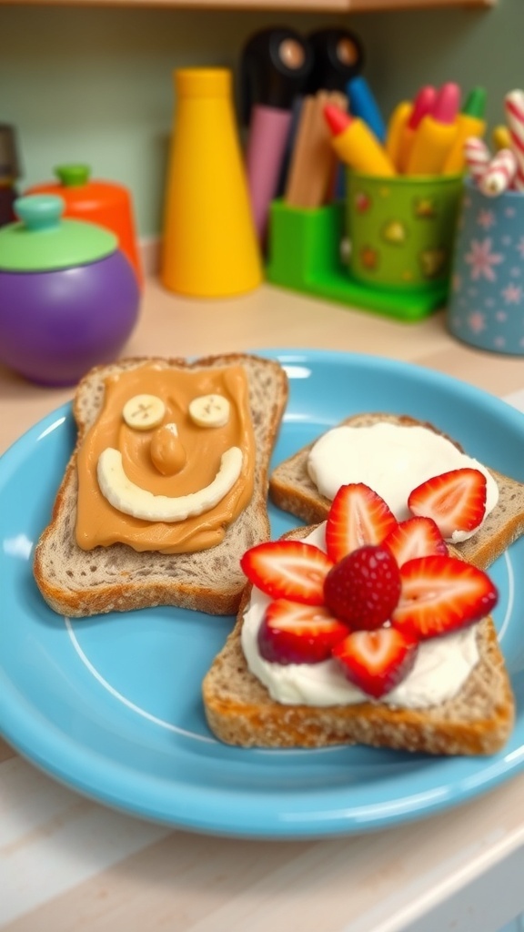 A plate of fun and colorful toast for kids with fruit toppings.